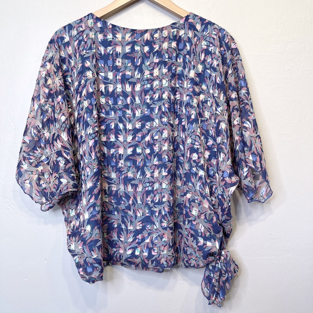 Sia Sia NY VTG Mesh Overlay Check Print Metallic Threading Side Tie Knot Blouse - Picture 3 of 17